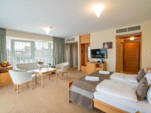 pokój hotelowy z łóżkiem i salonem w obiekcie Szent János Hotel w mieście Mohacz