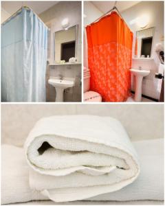 a collage of four pictures of a bathroom with towels at Hotel Concorde in Arica