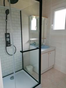y baño con ducha y lavamanos. en La CABANE AUX ECREVISSES - LES PIEDS DANS L'EAU, en Châteauneuf-les-Bains