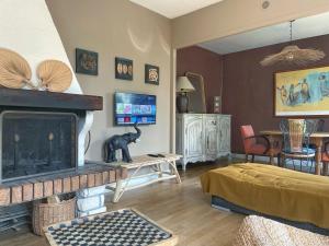 a living room with a fireplace and a tv at Gîte du Loiret in Saint-Hilaire-Saint-Mesmin