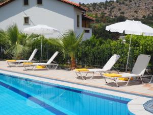 a pool with chairs and umbrellas next to a house at Villa Lemonia in Malia