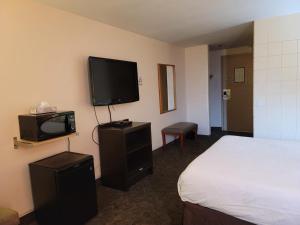 um quarto de hotel com uma cama e uma televisão de ecrã plano em Roadking Inns Motel em Calgary