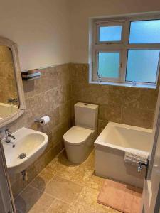 a bathroom with a toilet and a sink and a tub at Cozy one bed flat in Dartford