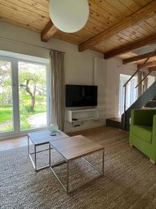 a living room with a coffee table and a television at Ferienhaus Peerhus in Katingsiel