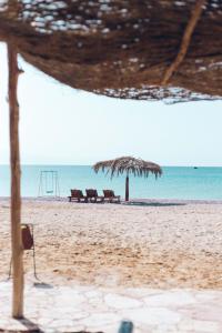 two benches on a beach with a swing at Sayadeen Village - Red Sea Riviera in Nuweiba