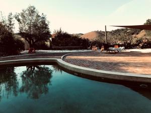 una piscina d'acqua accanto a un patio con panchina di casa paz tavira a Tavira