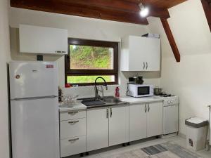 Una cocina con gabinetes blancos y un refrigerador blanco. en Holiday Home Enio, en Lohovo