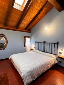 1 dormitorio con cama y techo de madera en Agriturismo Rio Verde, en Sasso Marconi