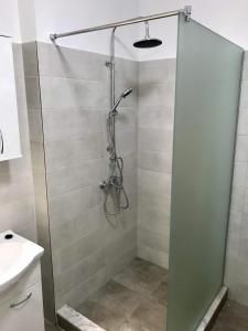 a shower with a glass door in a bathroom at Gigi Apartment in Cluj-Napoca