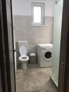 łazienka z toaletą i pralką w obiekcie Gigi Apartment w Klużu-Napoce