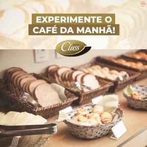 a collage of pictures of cakes and pastries in baskets at Class Hotel Piracicaba in Piracicaba