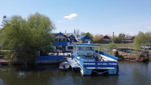 un barco azul atracado en un muelle en el agua en Wild Carp en Dunavăţu de Jos