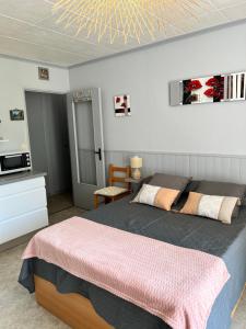 ein Schlafzimmer mit einem großen Bett mit einer rosa Decke in der Unterkunft Aux hameaux des thermes in Bagnoles de l'Orne