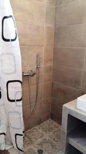 a shower with a shower curtain in a bathroom at Plakia Beach Apartments in Pefki