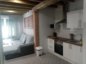 kuchnia z kanapą w niewielkim pokoju w obiekcie Casa Rural La Plata w mieście Aljucén