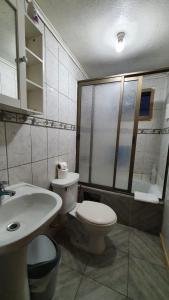 y baño con aseo, lavabo y ducha. en Hostal Las Heras, en Temuco