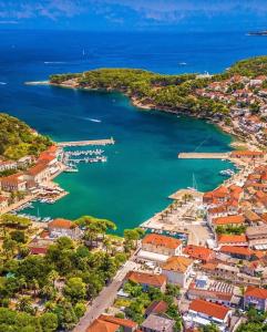 an aerial view of a town and a harbor at Casa di Giorgio in Jelsa