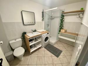 a bathroom with a toilet and a washing machine at La Cascade verte /Appartement /jardin /parking in Braux