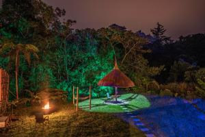 a garden with a grass umbrella and a fire at BubbleSky Glamping 15 min from Medellin in Rionegro