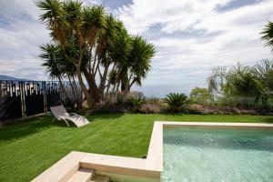 a backyard with a pool and a lawn with palm trees at Mont des Olives - Cap D'ail- app4 in Saint-Antoine