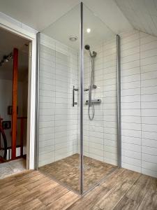 um chuveiro com uma porta de vidro na casa de banho em Trelleborg Central Vila em Trelleborg