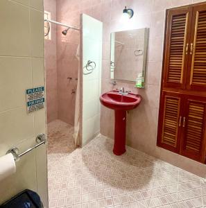 a bathroom with a red sink and a shower at BELLAVISTA HOUSE /Increíble sala in Campeche