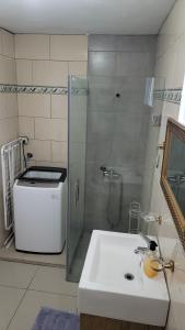 y baño con ducha, lavabo y lavamanos. en Fully Equipped New 2br Apt–dt–2mins To The Beach, en Sosúa
