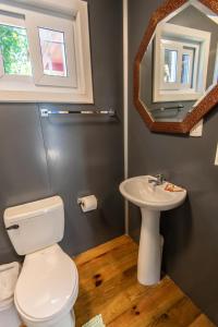 a bathroom with a toilet and a sink and a mirror at Moon Apartments in Utila