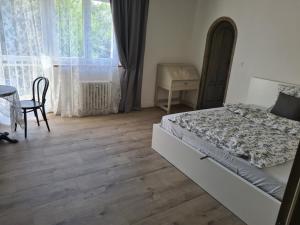 een slaapkamer met een bed, een tafel en een raam bij Airport Rooms in Praag