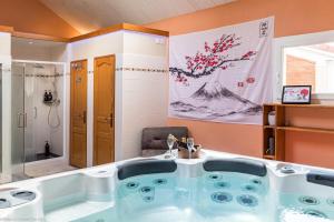 Aubigny-lès-SombernonにあるLes Gîtes du Griffon l'Erableのシャワー付きの浴室の浴槽