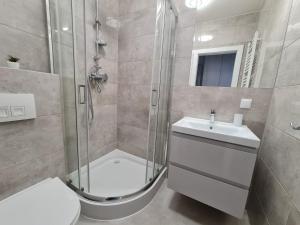 a bathroom with a shower and a toilet and a sink at Villa Babette - Ubernachtung, Parkplatz, Kurtaxe, Wifi, Aufraumung - Alles im Preis! in Świnoujście