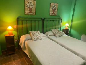 two beds in a room with green walls and lamps at Casa Rural Luna del Tiétar in Almendral de la Cañada