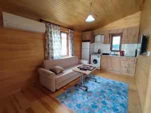 a living room with a couch and a table at Hurmalık Apart Evleri-Very Close to the Sea Large Garden Bungalow with Barbecue and Swing in Karaoz
