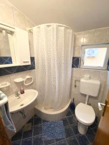 a bathroom with a toilet sink and a shower curtain at Apartments LucMar in Vir