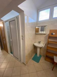 La salle de bains est pourvue d'une douche et d'un lavabo. dans l'établissement Apartmani Biserka, à Punat