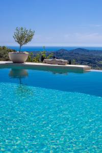 a blue swimming pool with a tree in the middle at Private House ''Tramountana'' - Sea view, pool in Episkopianá