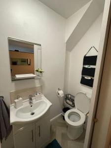 a bathroom with a sink and a toilet and a mirror at Flat 1 Chestergate in Macclesfield