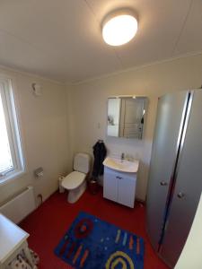 ein Badezimmer mit einem WC, einem Waschbecken und einem Spiegel in der Unterkunft Mysig stuga i naturskönt område. in Vetlanda