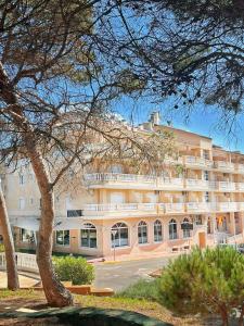 un gran edificio de apartamentos con un árbol delante en Hotel ParqueMar Premium Beach, en Guardamar del Segura