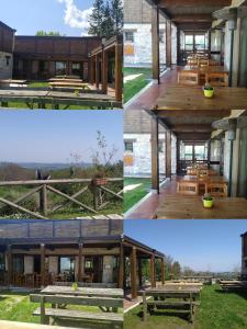 4 vistas diferentes de una mesa de picnic y un banco en Rifugio Garulla en Amandola