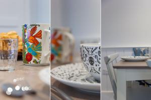 three pictures of a table with a cup and a coffee mug at Opechee in St Ives