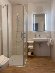 ein Bad mit einer Dusche und einem Waschbecken in der Unterkunft Gasthaus zum Ochsen in Westernhausen