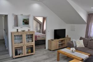 uma sala de estar com um sofá, uma televisão e uma cama em Apartments Mara em Jelsa