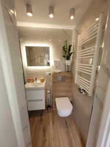 a small bathroom with a toilet and a sink at Apartament Bałtycki Lux in Rewa