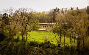 a building in the middle of a field with trees at Le Lignely in Durbuy