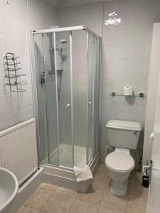 a bathroom with a shower and a toilet and a sink at Hayward's at the Grasmere in Keynsham