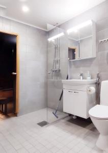 La salle de bains est pourvue de toilettes, d'un lavabo et d'une douche. dans l'établissement Niinivaara apartment saunallinen ja ilmastoitu majoitus, à Joensuu