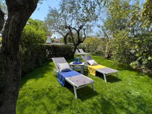 un groupe de lits assis dans l'herbe à côté d'un arbre dans l'établissement Villa La Rodina, à Diano Marina