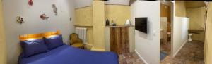 a bedroom with a blue bed and a television at Clos Saint Léonard in Durtal