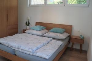 - une chambre avec 2 lits dotés d'oreillers bleus dans l'établissement REBHAUS Ferienwohnung Rebdach, à Sipplingen